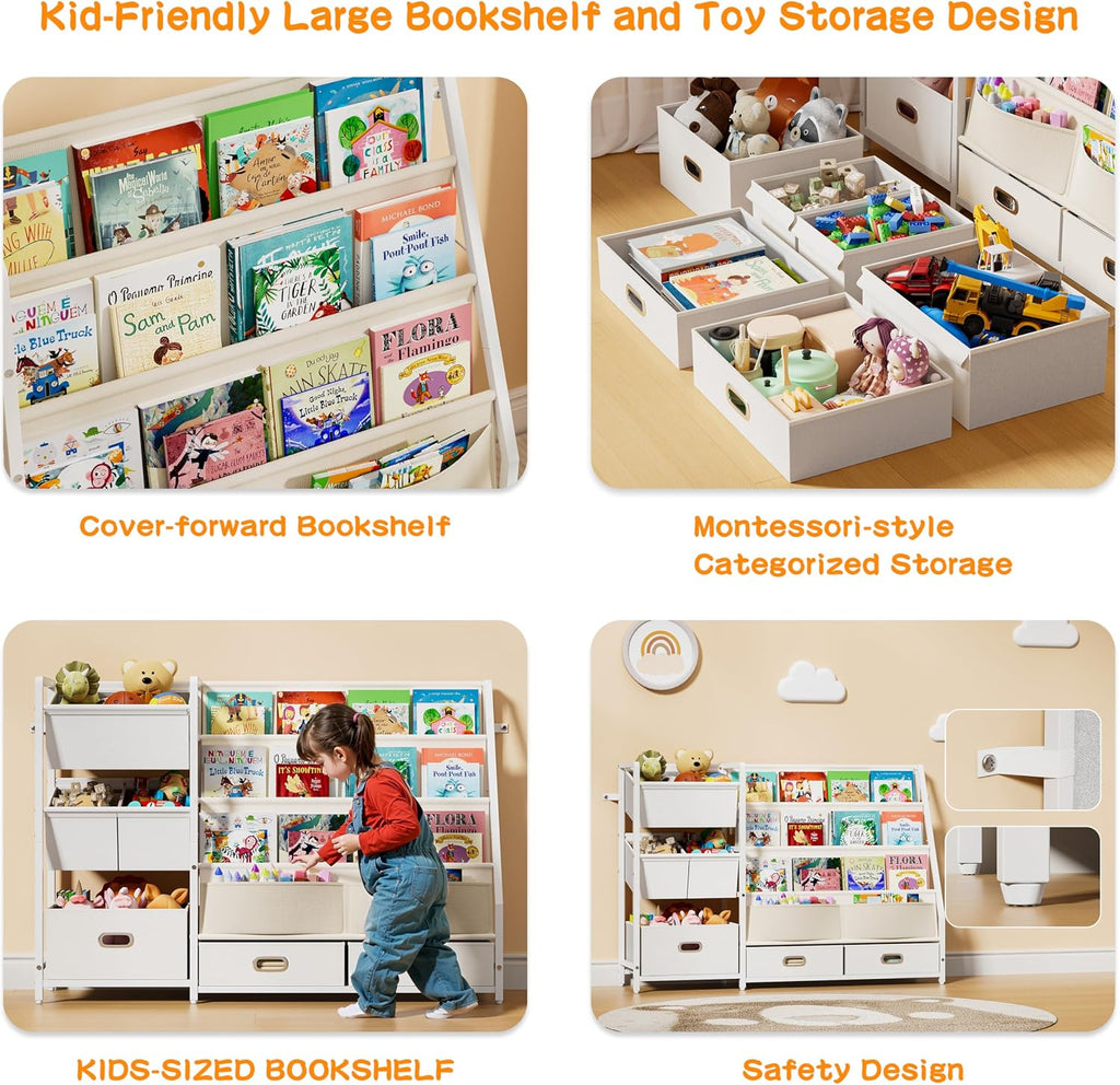 Kids Bookshelf and Toy Storage with 6 Toy Bins - Book Shelf for Kids Rooms | Toddler Bookshelves Baby Bookcase