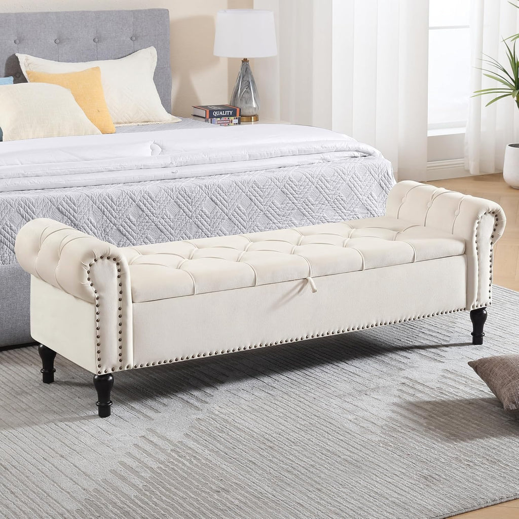 Storage Bed Bench , Velvet 67" End of Bed Benches, King Size Bench with Armrest, Tufted Button Upholstered Ottoman