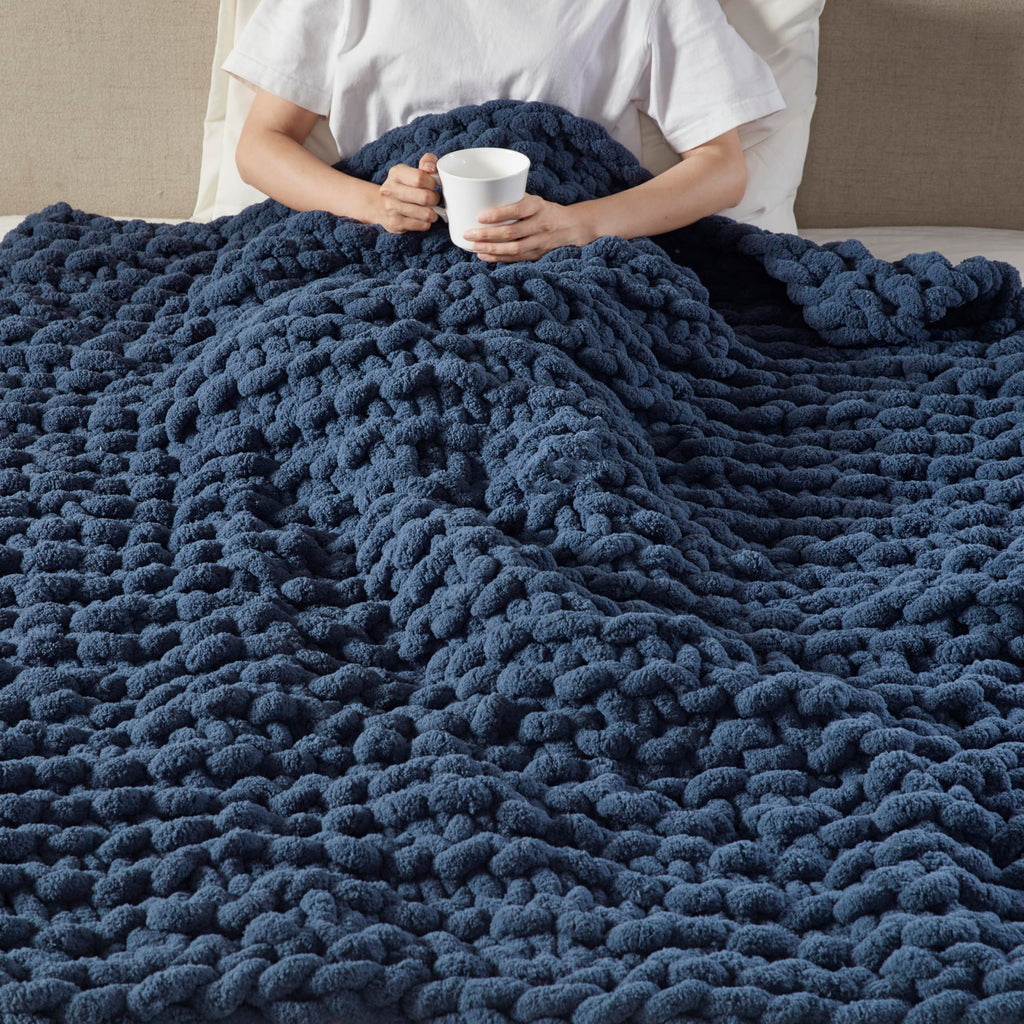 Chenille Chunky Knit Throw Blanket, 50 x 60", Navy Blue