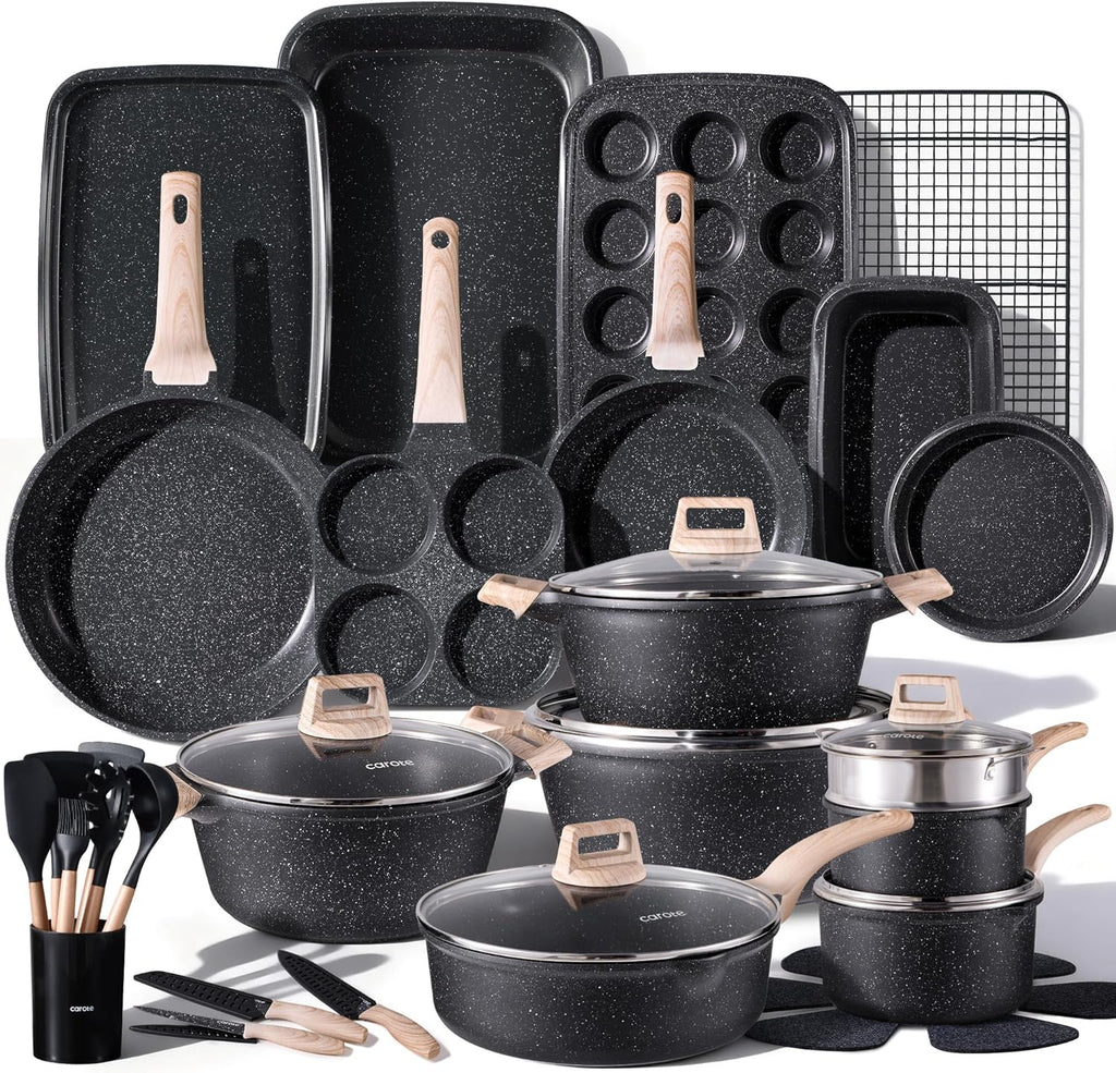 44pcs Nonstick Cookware Sets, Pots and Pans Set with Bakeware | Kitchen Knife Set Included, Lightweight Die-Cast