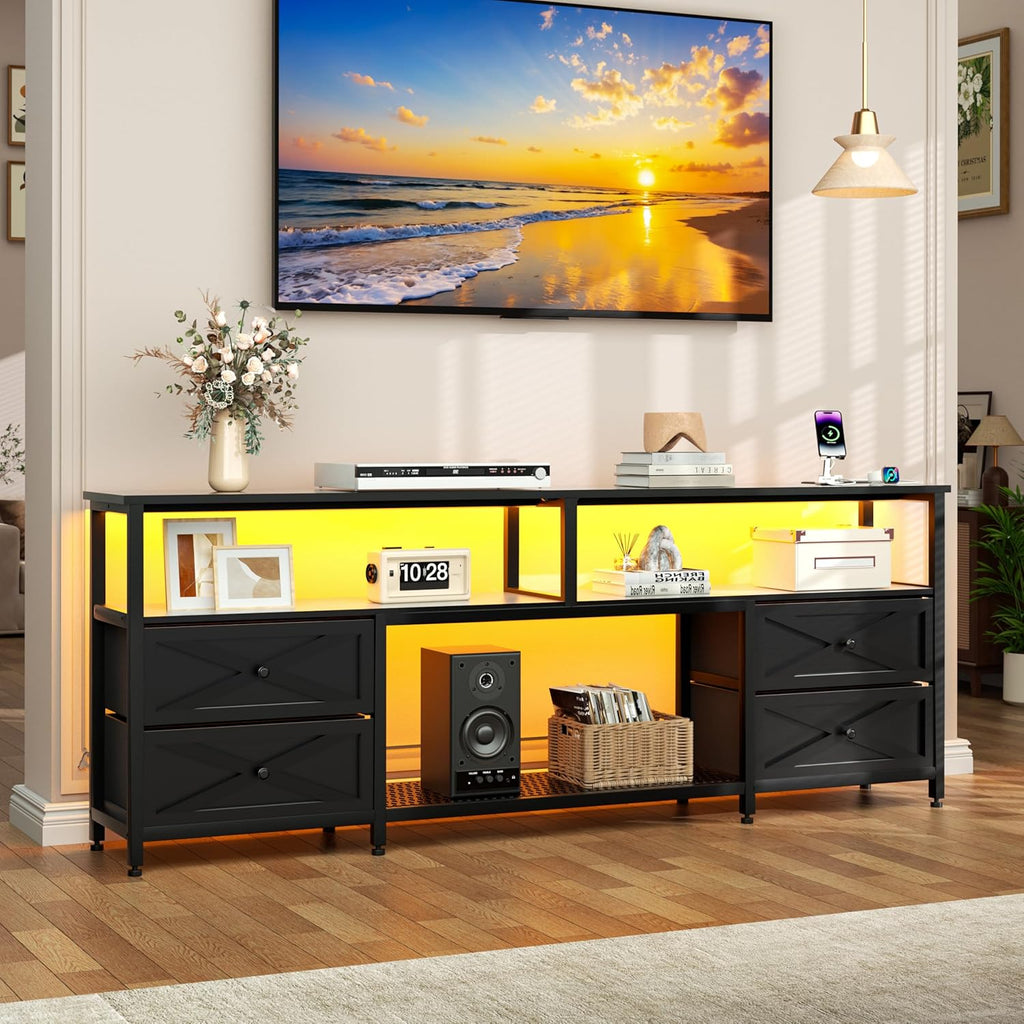 TV Stand with Fabric Drawers for 65 70 75 Inches TV - Entertainment Center with Open Storage Shelf, Power Outlets &