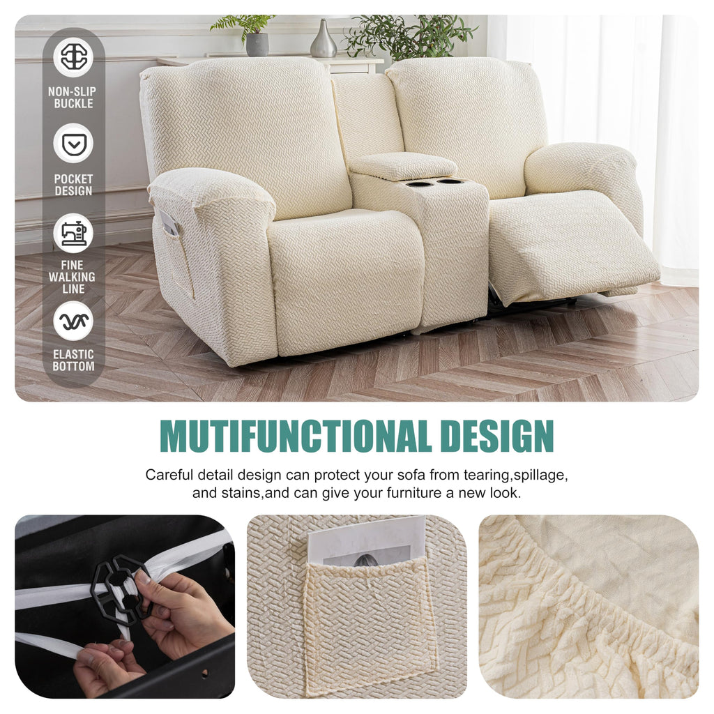 Recliner Loveseat Covers with Console, 2 Seater, Beige