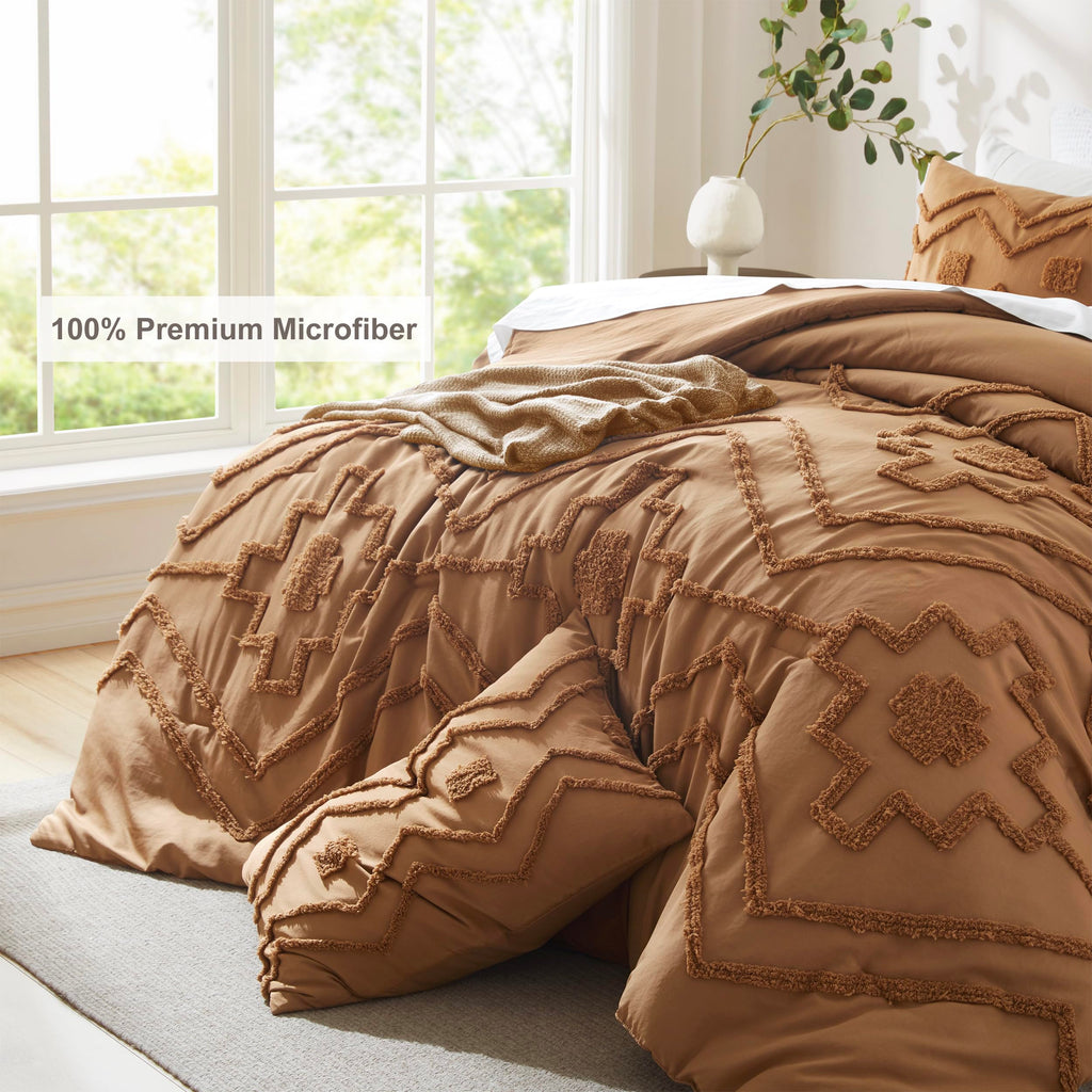 Tufted Boho Queen Comforter Set, Pumpkin, 3 Pieces