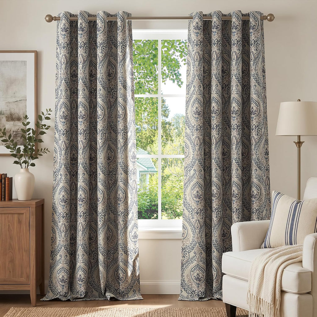 Curtains for Living Room Darkening 96 Inches Long, Medallion Drapes, Damask Pattern Window Treatments Vintage Curtain