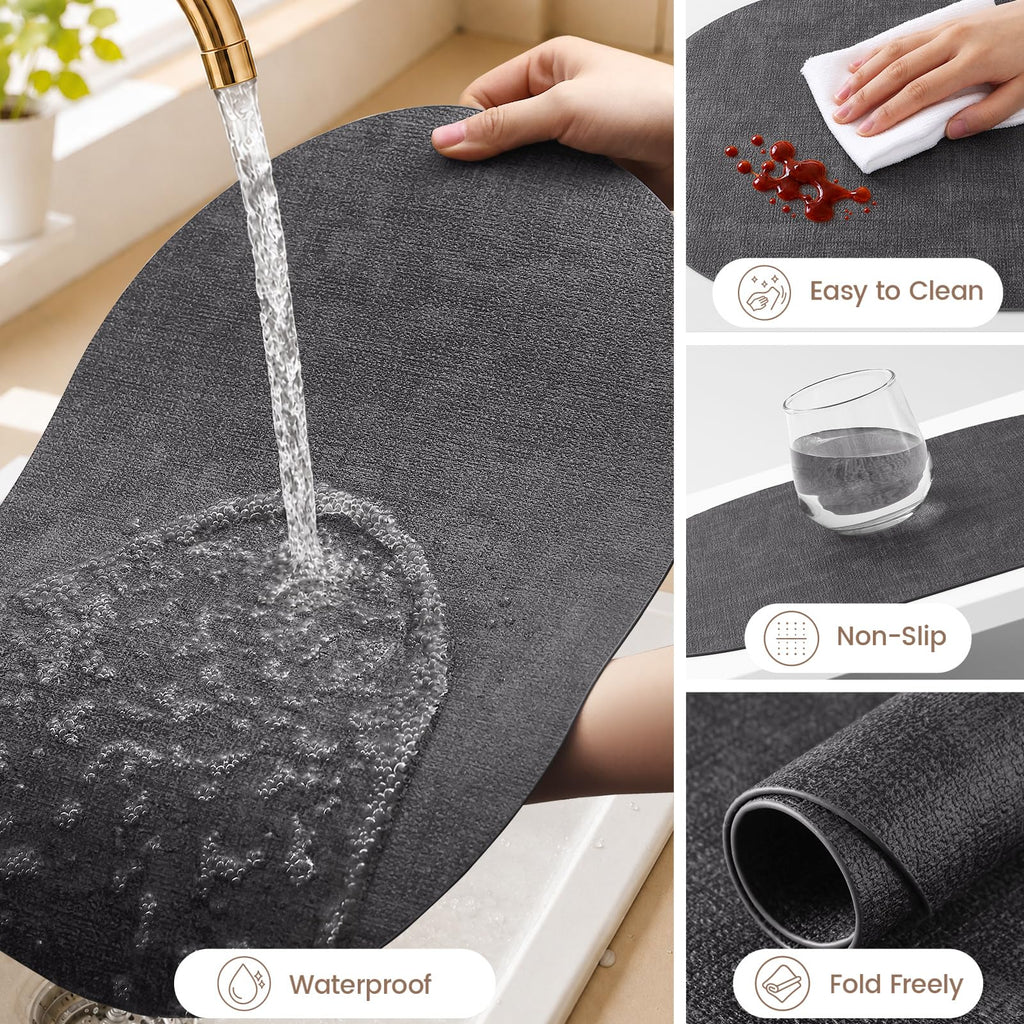 Oval Faux Leather Placemats Set of 4, Easy to Clean, Dark Grey