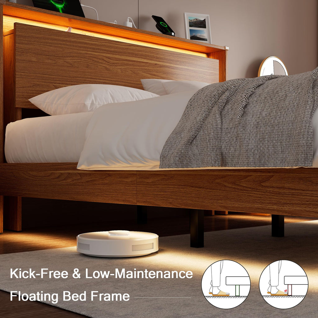 King Size Bed Frame with LED Lights & Charging Station - Wood Floating Bed Frame with Storage Headboard, Adhesive
