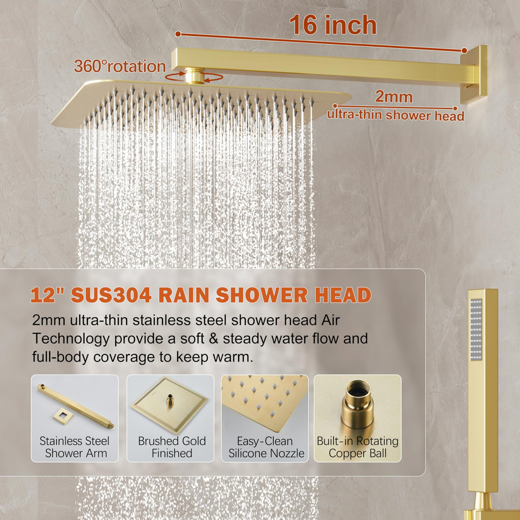 12" Rain Shower System with Handheld & Valve, Brushed Gold