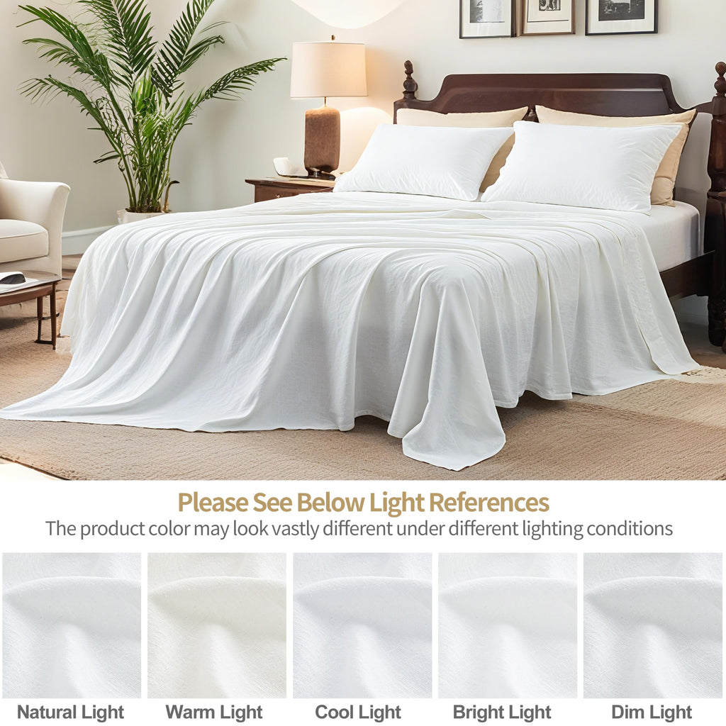 Linen Cotton Sheet and Pillowcases Set 4-Pcs (1 Flat, 1 Fitted & 2 Pillowcases) - Soft, Breathable & Cooling