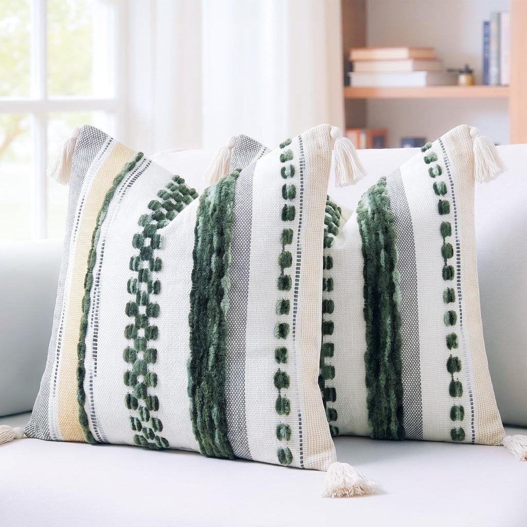 Chenille Farmhouse Throw Pillow Covers 16 x 16 Dark Green, Neutral Boucle Couch Pillow Cover, Striped Decorative Boho