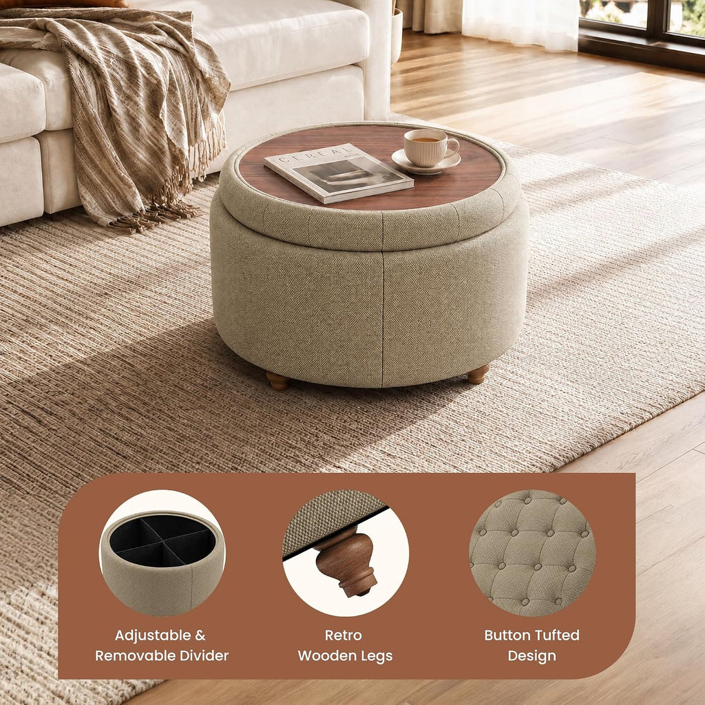25Inch Round Storage Ottoman, Small Round Ottoman Coffee Table with Storage | Tufted Fabric Storage Ottoman with