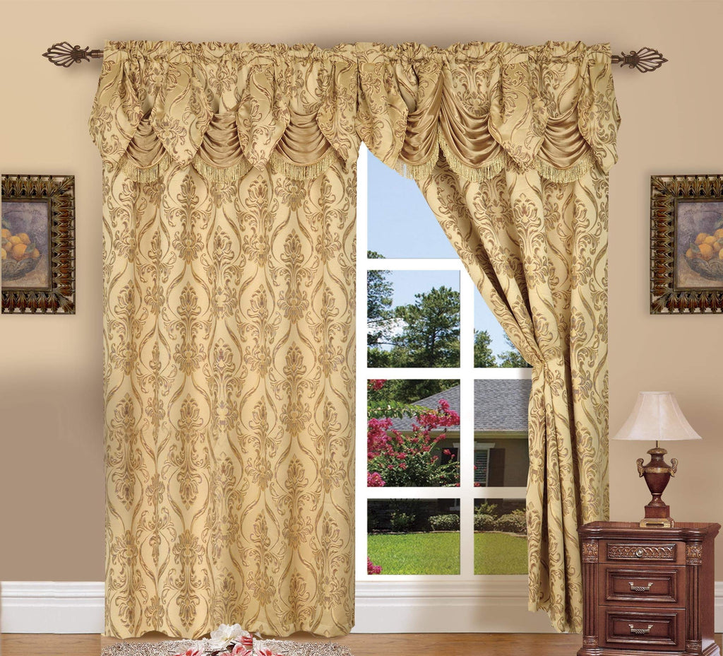 Jacquard Look Curtain Panel Set with Attached Waterfall Valance, (Set of 2), 54 x 84 Inches, Gold