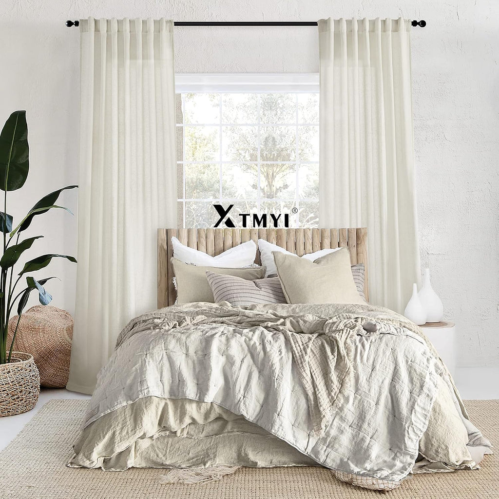 Linen Curtains 96 Inch Long 2 Panel Set, Cream Sheer Pleated Curtain, Modern Farmhouse Curtains for Dining Room
