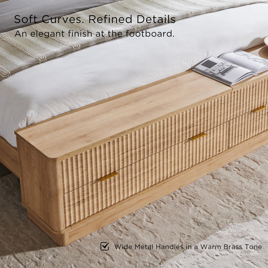 Fluted King Bed with Headboard and Storage Bench, Natural Oak