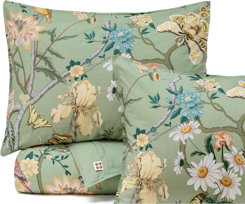 Floral Duvet Cover Queen - 100% Cotton Reversible Flowers and Birds Pattern Duvet Cover Set, 3 Pieces Soft &
