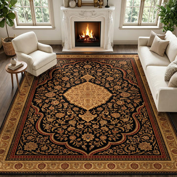 Gothic Victorian Rug Black Gold Boho 8x10 ft Area Rug