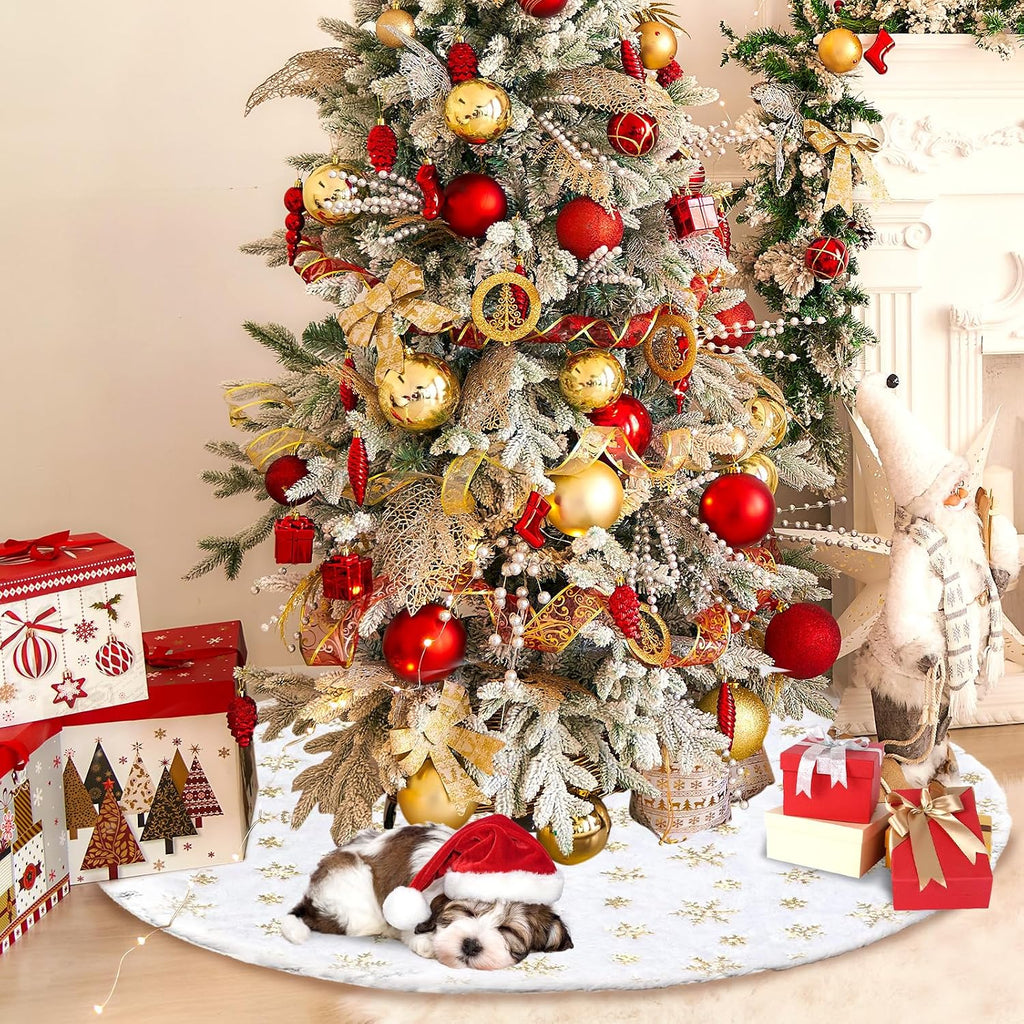 Christmas Tree Skirt 36 Inch, Holiday Part Decorations, Whit Plush Gold Sequin Snowflake Tree Shirt for Xmas