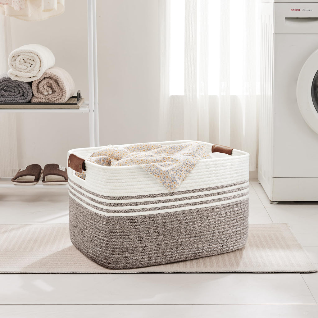 72L Woven Laundry Basket Hamper with Leather Handles,Dark Brown