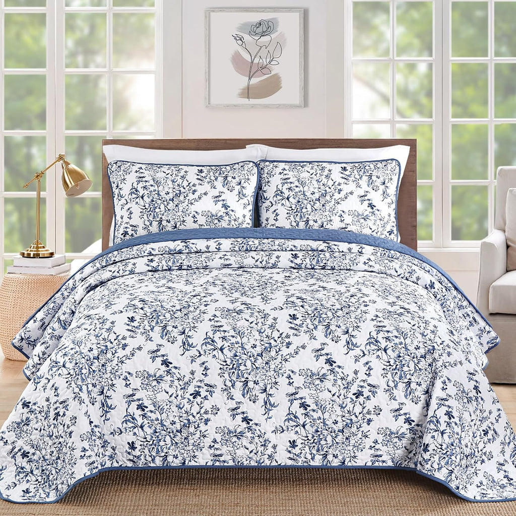 Quilt Queen, Blue Quilt Bedding Set with 2 Pillowcases, Botanical Quilts for Queen Bed, Soft Microfiber Lightweight
