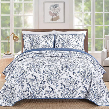 Quilt Queen, Blue Quilt Bedding Set with 2 Pillowcases, Botanical Quilts for Queen Bed, Soft Microfiber Lightweight