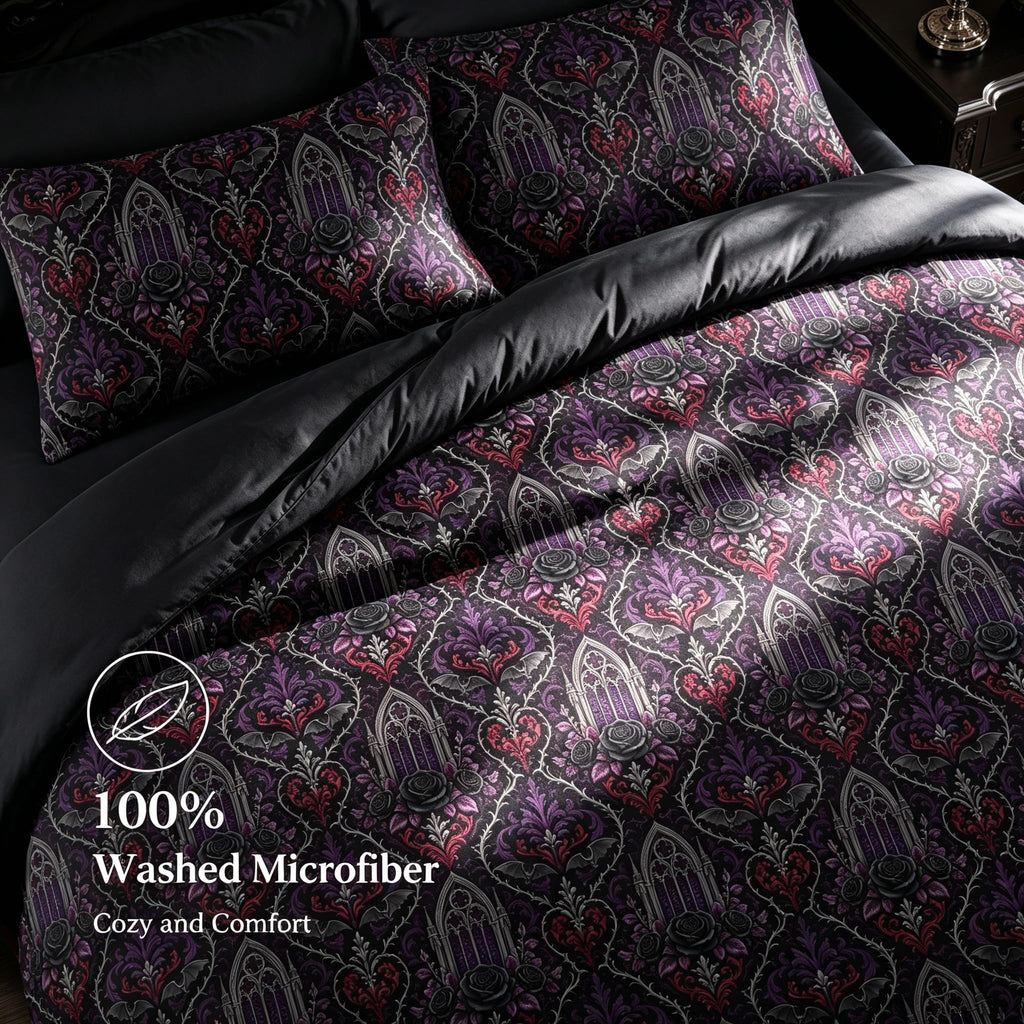 Victorian Gothic Comforter Set King, Black Rose Bedding