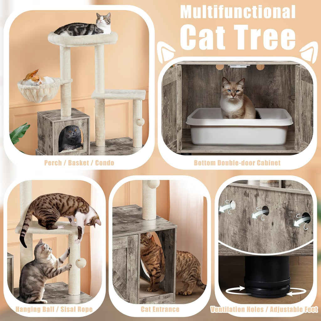 Litter Box Enclosure with Cat Tree, All-in-one Indoor Kitten House w/Scratching Posts, Wooden Cat Litter Box