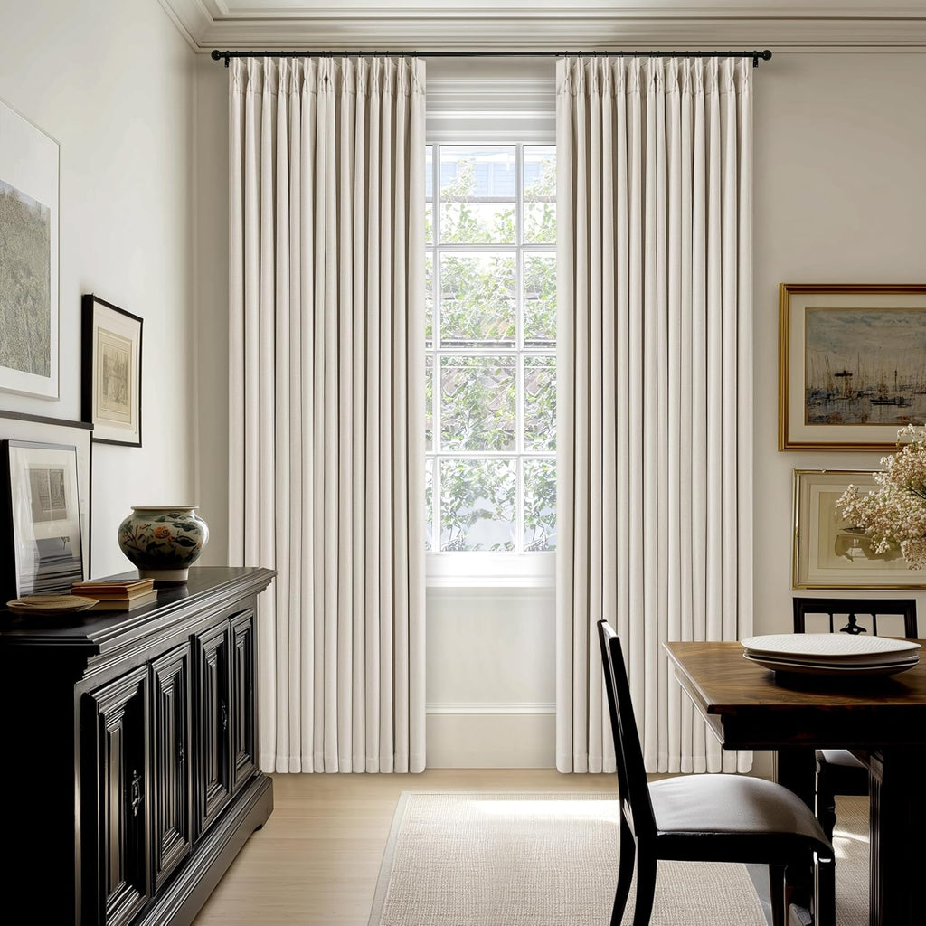 90 Inch Pinch Pleated Blackout Linen Curtains for Bedroom 2 Panels Memory Trained 100% Black Out Soundproof Room
