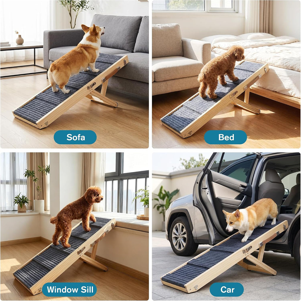 Dog Ramp for Bed, 24" H Adjustable Folding Ramp for Dogs to Get on Bed, Solid Wood Dog Ramps for Small & Medium Dogs