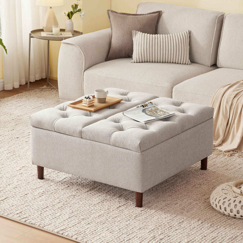 35" Large Storage Ottoman Coffee Table, Square Ottoman, Light Grey
