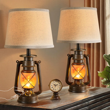 18.72" LED Vintage Lantern Flickering Flame Table Lamps Set of 2