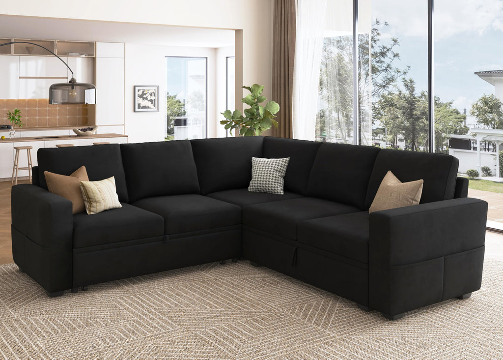 Modular Sectional Sleeper Sofa with Pull-Out Bed, Velvet L-Shaped Sofa with Storage Seat, Sectional Sofas for the