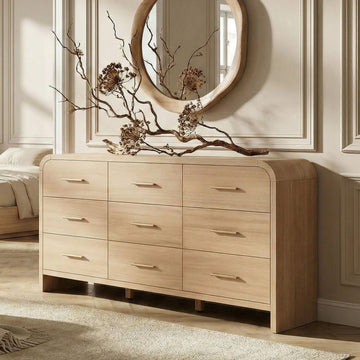 Curved 9-Drawer Dresser, 63" Wide Modern Chest of Drawers, Vanity Desk TV Stand, Closet Storage Drawers Organizer