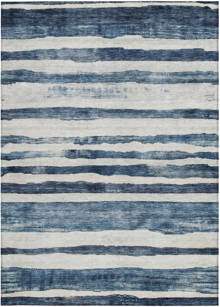 3' X 5' Denim Blue and Gray Striped Washable Indoor Outdoor Area Rug