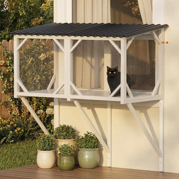 Cat Window Box Catio, 43.3" Outdoor Cat Enclosure with Removable Bug-Proof Net, All-Weather Window Perch for 1-4