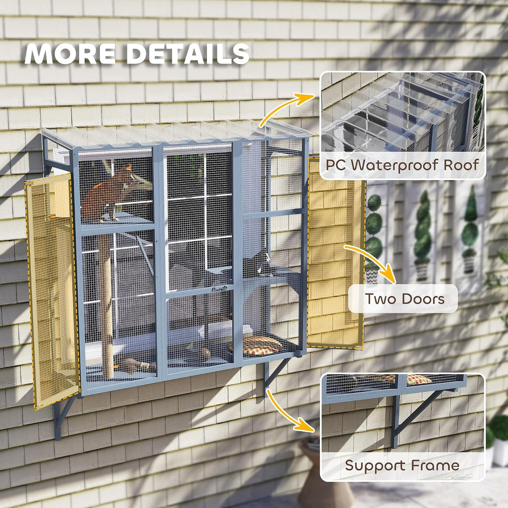 Outdoor Catio for 2-3 Large Indoor Cats 2 Jumping Platforms Gray