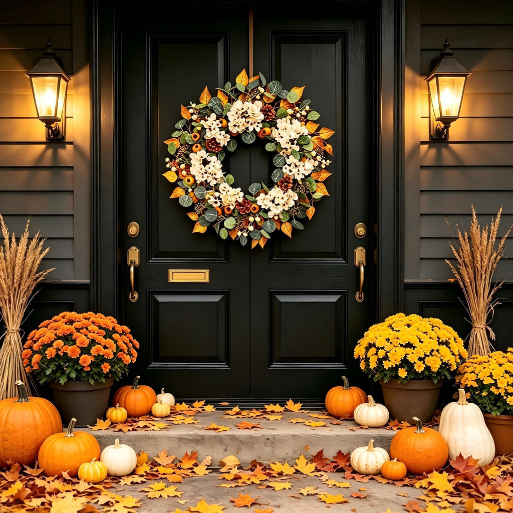22 Inch Fall Hydrangea Wreaths for Front Door, Artificial Autumn Wreath with White Hydrangea, Eucalyptus, Berries