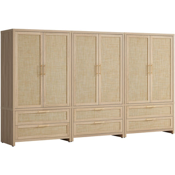 71 inch Wardrobe Closet, Boho Rattan Armoire Wardrobe with Drawers