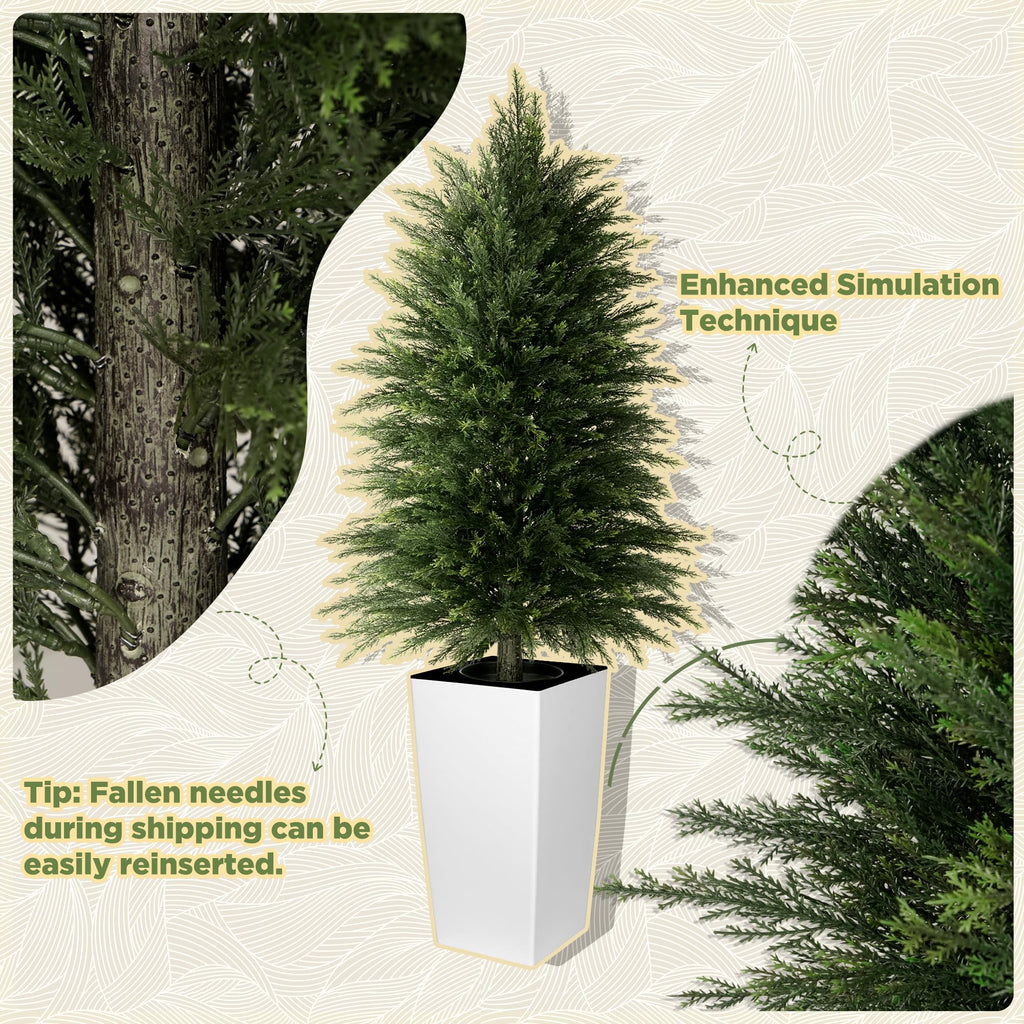 4FT Tall 2 Pack Artificial Cedar Topiary Trees with Full Bushy Columnar Shape, Realistic Faux Cypress in Square White