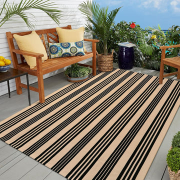 Outdoor Patio Rug 5'x7', Black and Tan Striped Outdoor Rugs Machine Washable Area Rugs Cotton Hand W