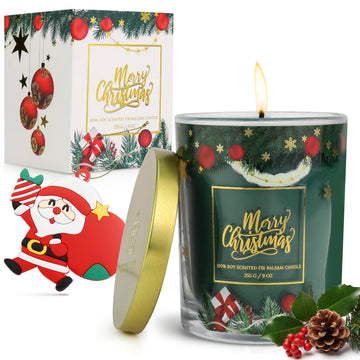 Merry Christmas Candle Strong Scented - 9 Oz - 100% Soy Wax Luxury Balsam Fir Holiday Fragrance Scented Candle