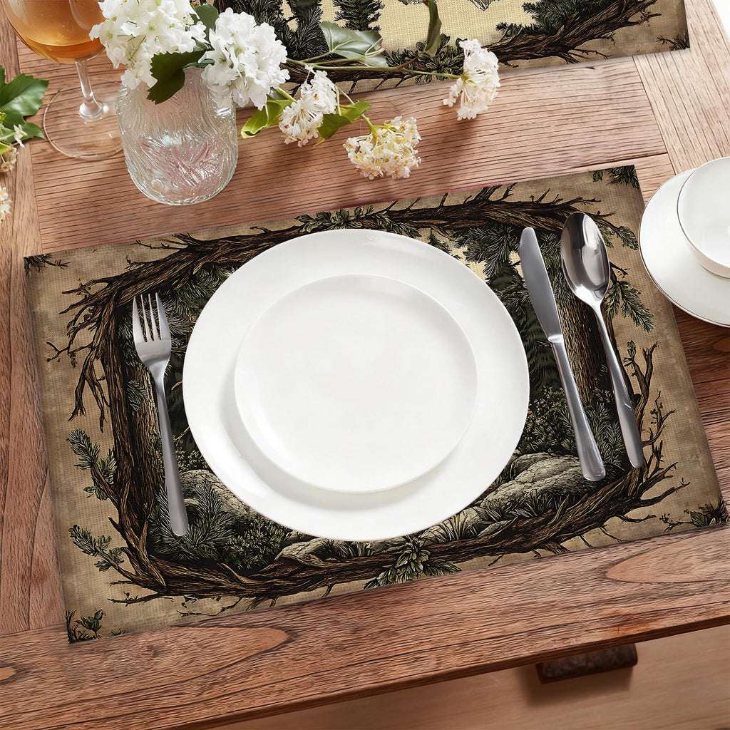 Forest Bear Cloth Placemats,Vintage Wildlife Heat-Resistant Table Placemats Set of 6, Washable Linen Place Mats Table