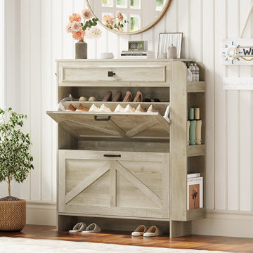 Shoe Storage Cabinet with 2 Flip Drawers & Barn Door Design, Freestanding Shoe Cabinet Organizer with Drawer and