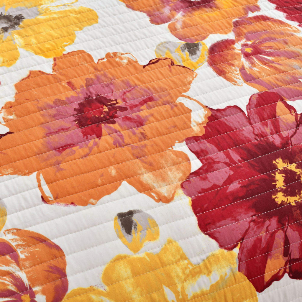 Leah Reversible Floral Quilt Set, 3 Piece Set, Red & Orange - Watercolor Botanical - Cottage Core - French