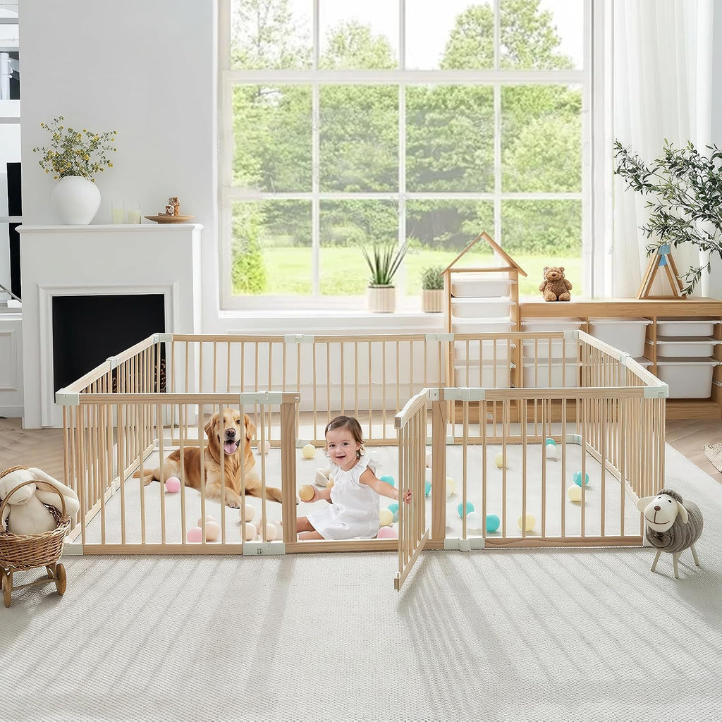 Wooden Baby Playpen Foldable Play Yard with Gate 86"x58" Natural Wood | Foldable wooden playpen, dual-lock gate