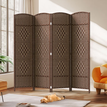 Rattan Room Divider, 4-Panel Folding Privacy Screen 6ft. Extra Wide