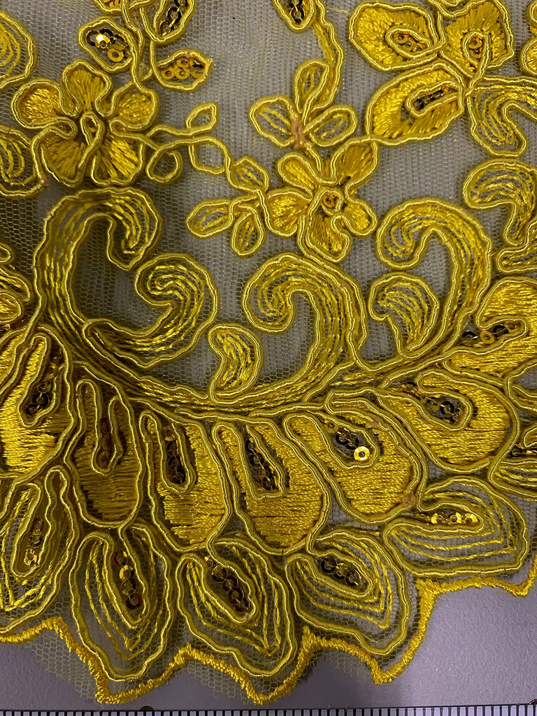 Melody Bright Yellow Polyester Floral Embroidery with Sequins on Mesh Lace Fabric by the Yard for Gown, Wedding