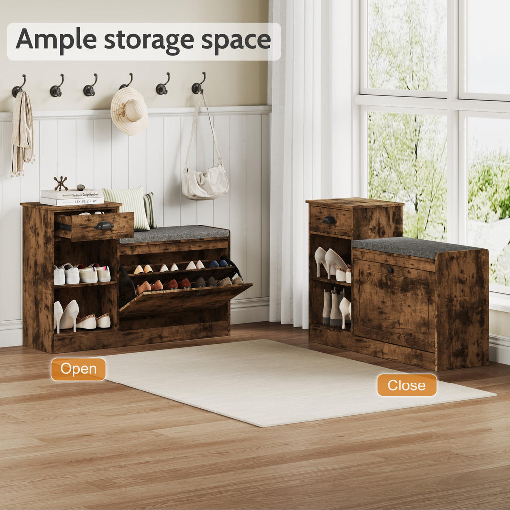 Shoe Storage Bench, Modern Wooden Shoe Cabinet, Vintage Brown