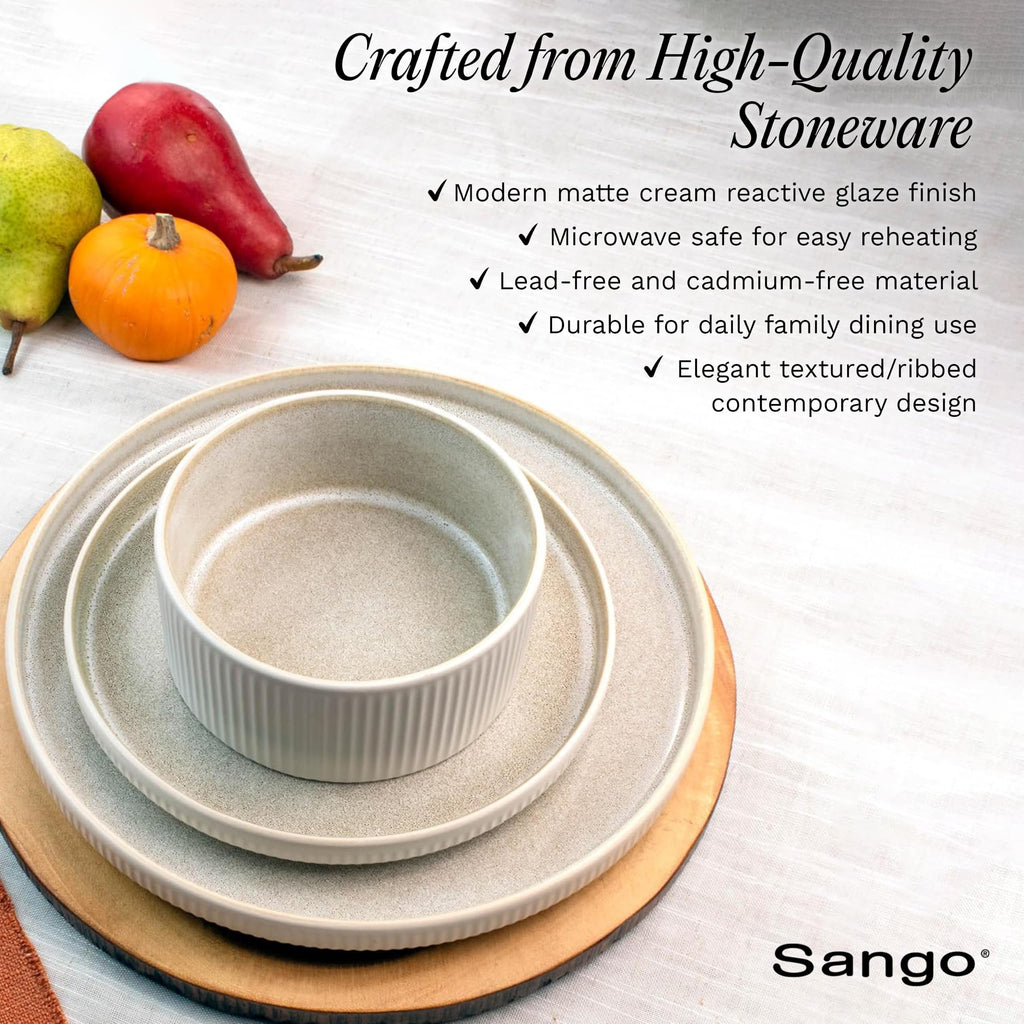 12 Pieces Stoneware Fluted Dinnerware Set, Modern Cream Dishes for 4, Premium Serving Plates and Bowls Sets, Chip &