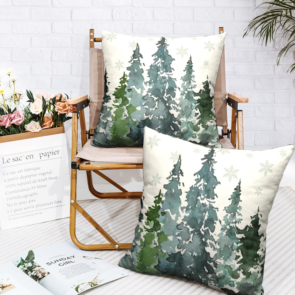 Green Watercolor Pine Tree Pillow Covers 24x24 Winter Rustic Nature Forest Pillow Case Set of 2 Misty Forest Woodland