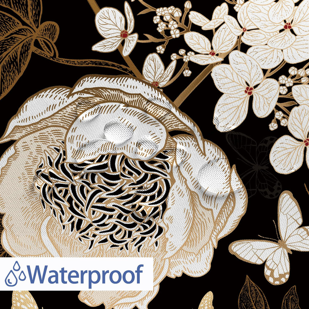 Black and Gold Floral Butterfly Shower Curtain, Boho Dark Flowers Botanical Aesthetic Shower Curtain with Hook