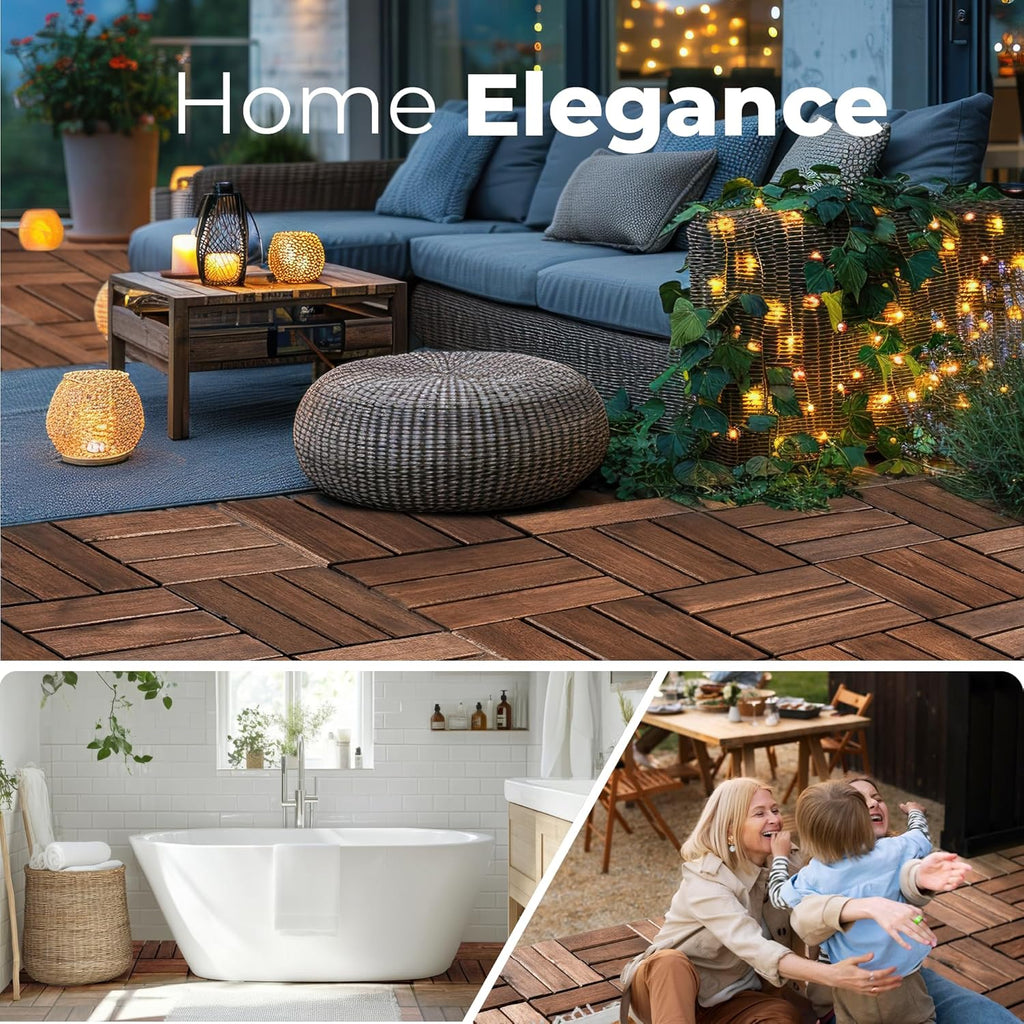 Premium Acacia Wood Interlocking Deck Tiles - Set of 9 pcs, 12"x12", Waterproof Outdoor Patio Flooring